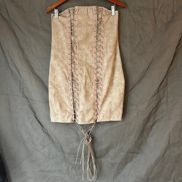 PrettyLittleThing Stone Bodycon Strapless Lace Up Mini Dress US Size 8 - Picture 1 of 7